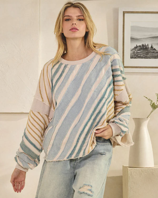 Bias Striped Raw Edge Pullover