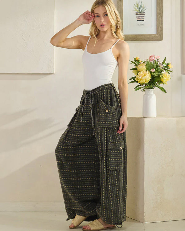 Black Floral Mineral Washed Pants