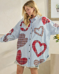 Oversized Denim Plaid Hearts Shirt