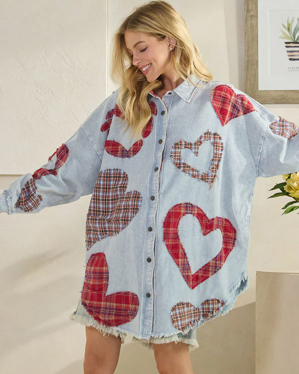 Oversized Denim Plaid Hearts Shirt