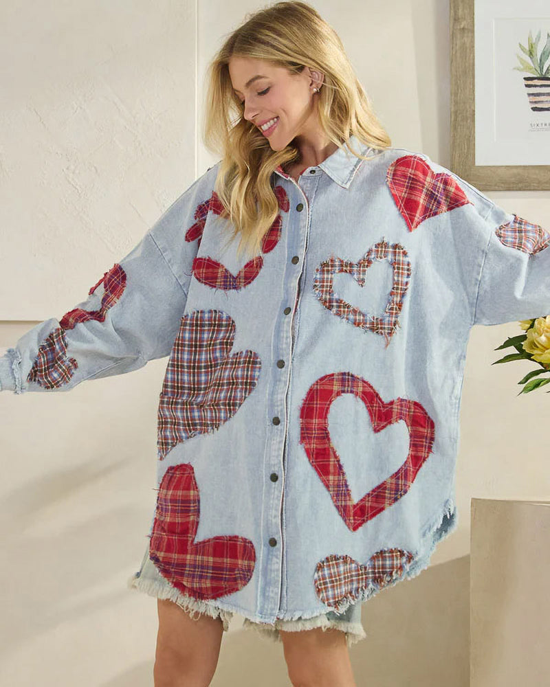 Oversized Denim Plaid Hearts Shirt