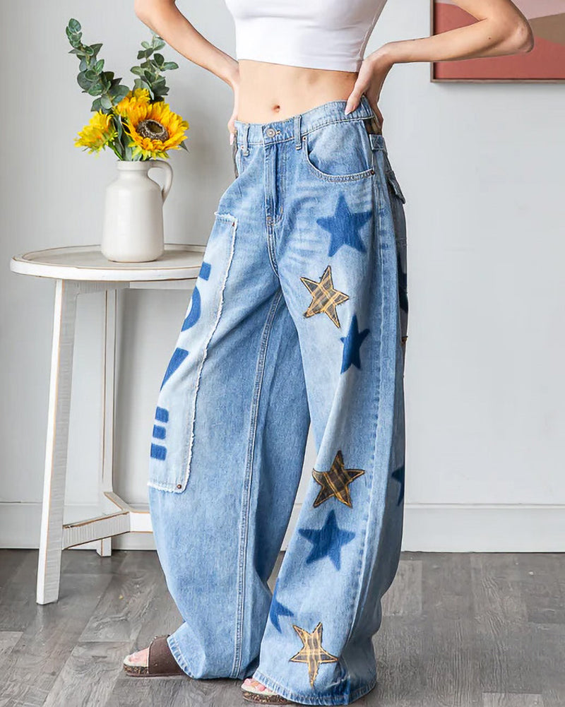 Love & Stars Patchwork Wide Jeans