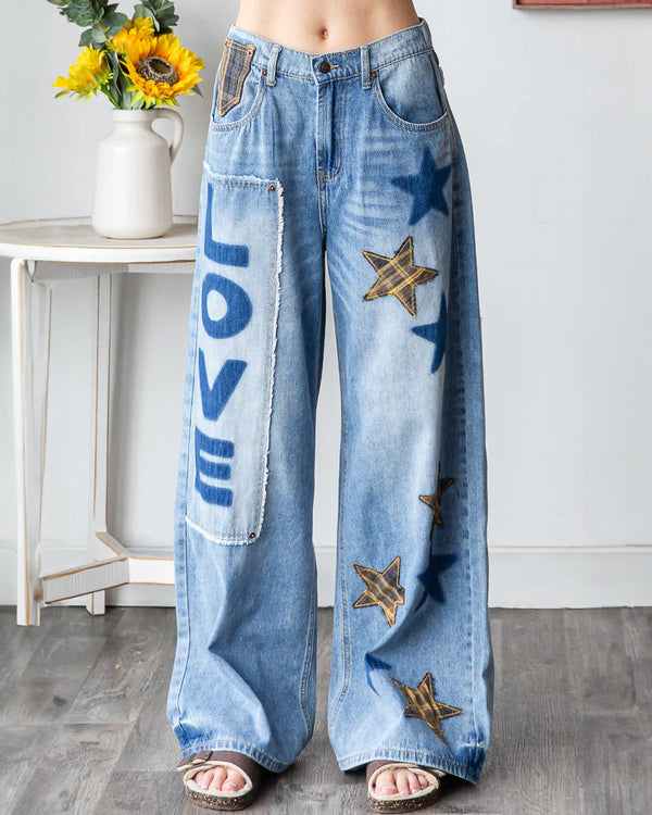 Love & Stars Patchwork Wide Jeans