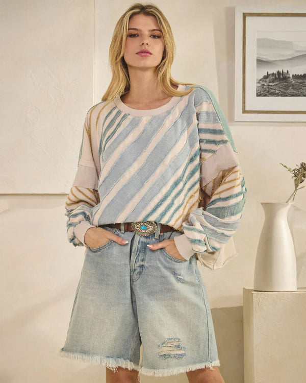 Bias Striped Raw Edge Pullover