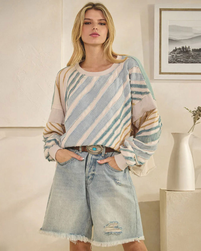 Bias Striped Raw Edge Pullover