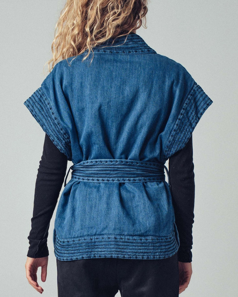 Quilted Dark Chambray Belted Vest