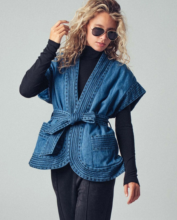 Quilted Dark Chambray Belted Vest