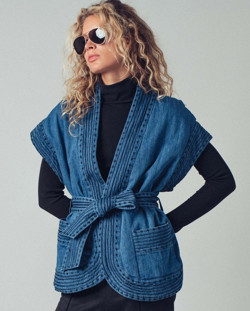 Quilted Dark Chambray Belted Vest