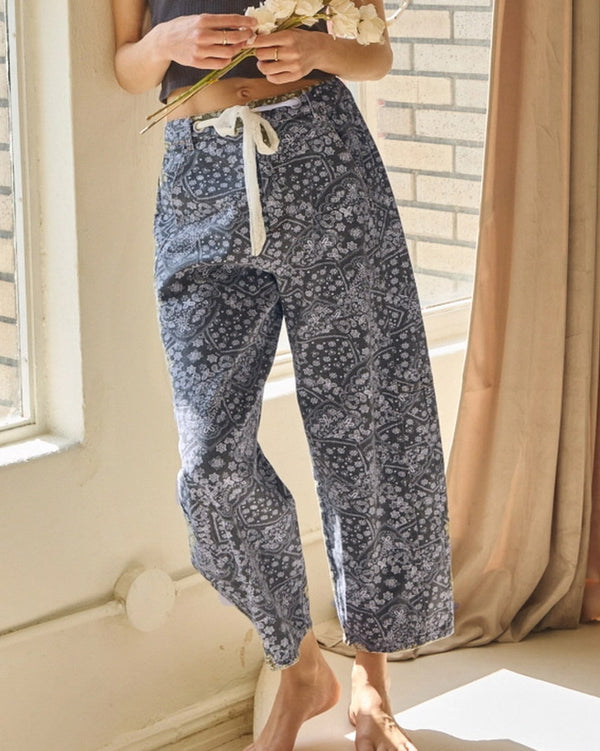 Washed Denim Paisley Jeans w/ Lace Drawstring