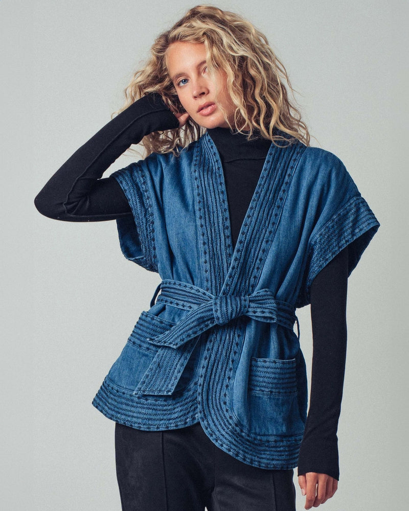 Quilted Dark Chambray Belted Vest