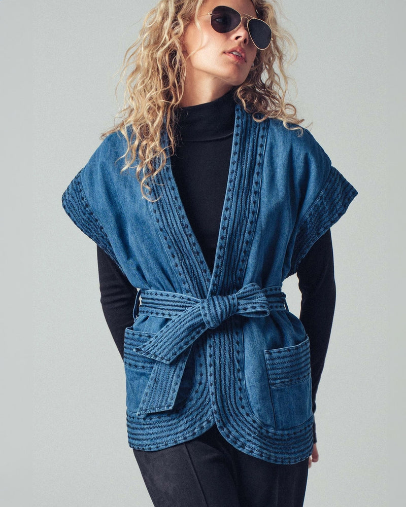 Quilted Dark Chambray Belted Vest