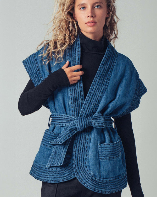 Quilted Dark Chambray Belted Vest