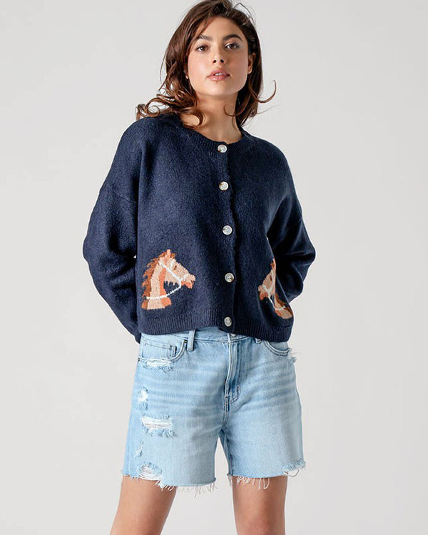 Charming Horse Cropped Navy Cardigan