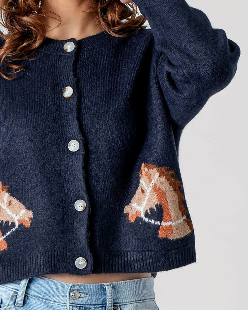 Charming Horse Cropped Navy Cardigan
