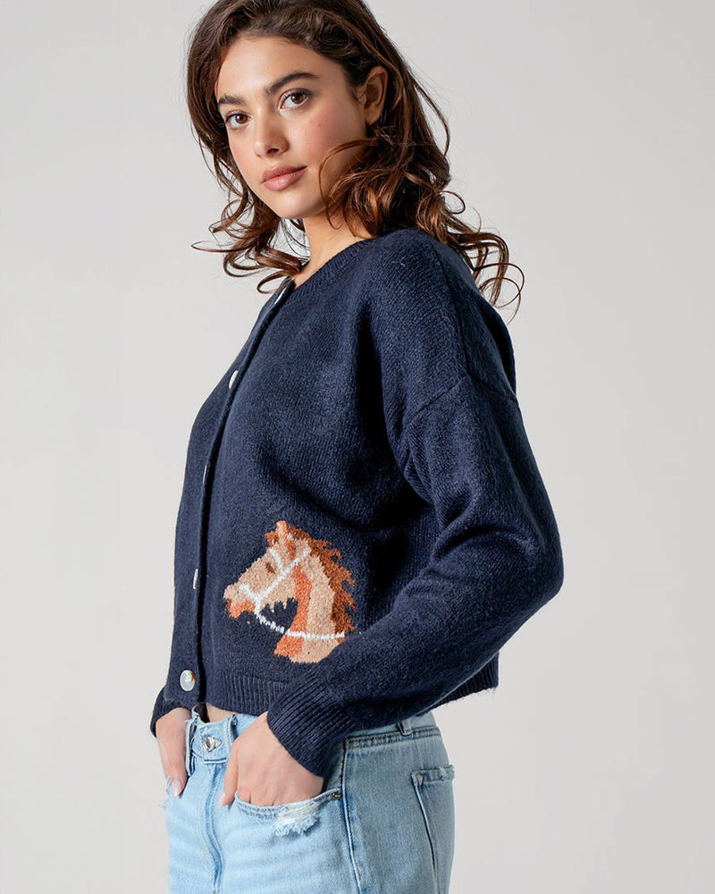 Charming Horse Cropped Navy Cardigan