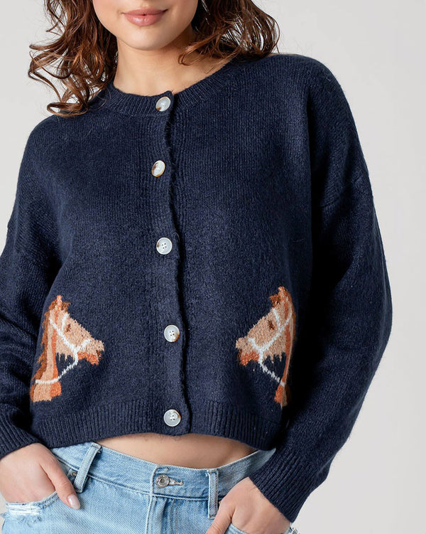 Charming Horse Cropped Navy Cardigan