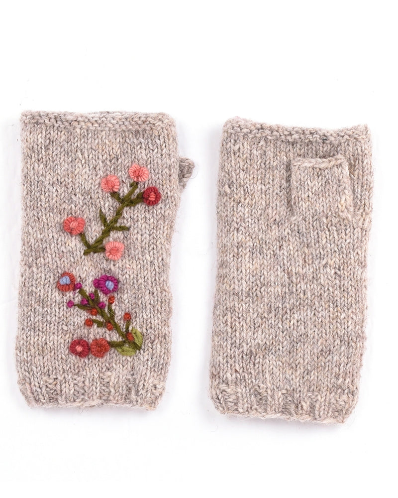 Natural Wool Floral Fingerless Gloves