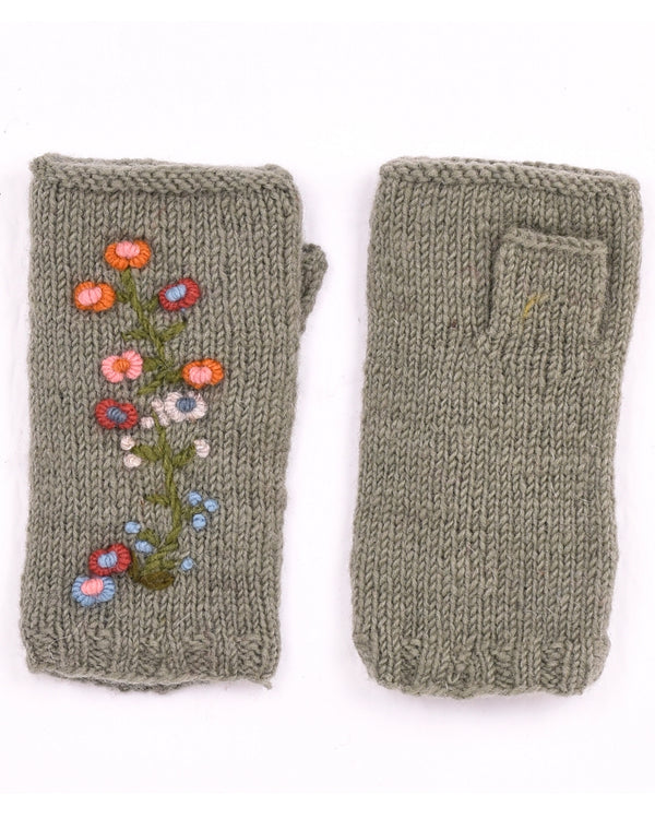 Sage Wool Floral Fingerless Gloves