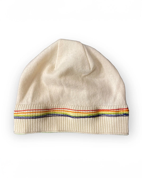 Cream Wool Hat with Rainbow Stitching