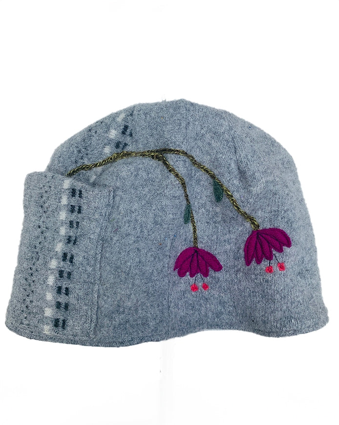 Grey Wool Hat with Flowers