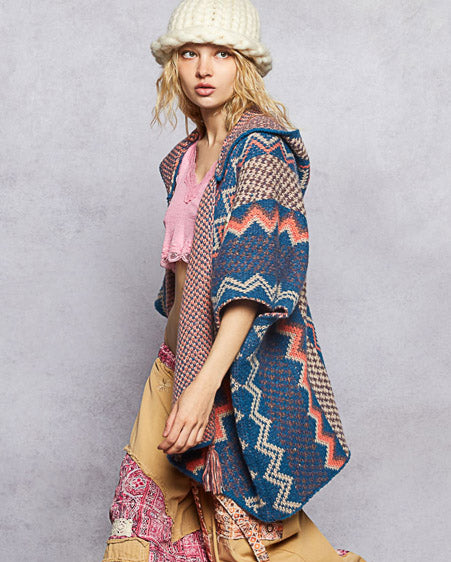 Lapis Aztec Pattern Hooded Poncho