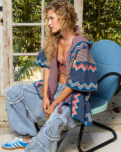 Lapis Aztec Pattern Hooded Poncho