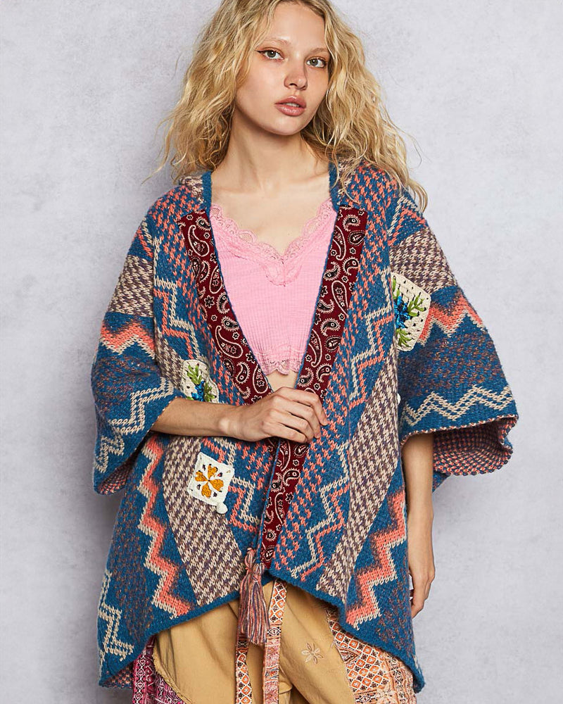 Lapis Aztec Pattern Hooded Poncho