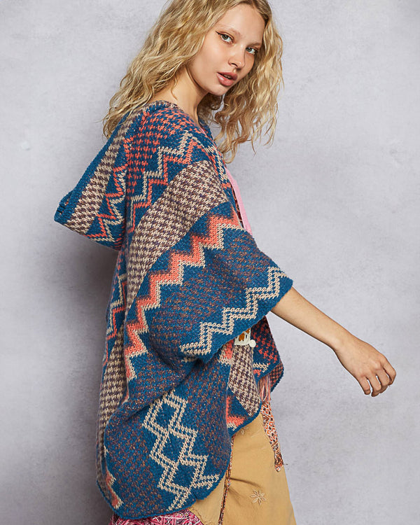 Lapis Aztec Pattern Hooded Poncho