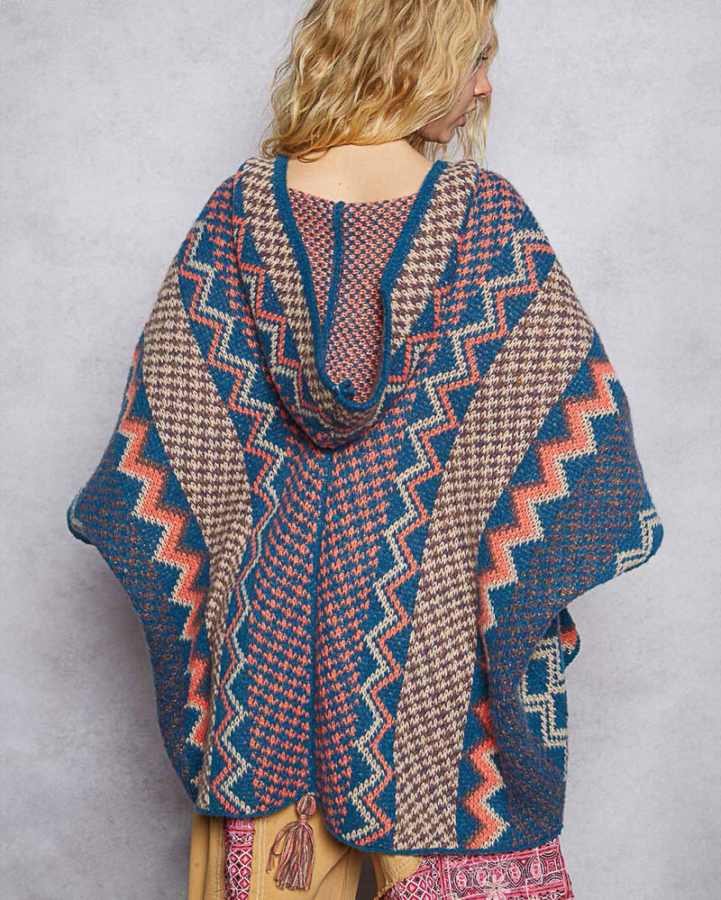Lapis Aztec Pattern Hooded Poncho