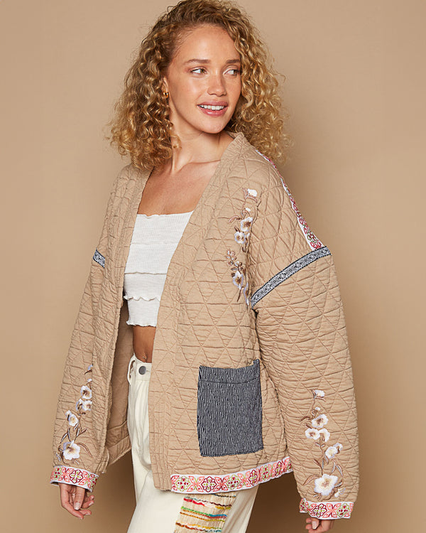 Caramel Quilted Jacket with Embroidery and Ribbon Trim