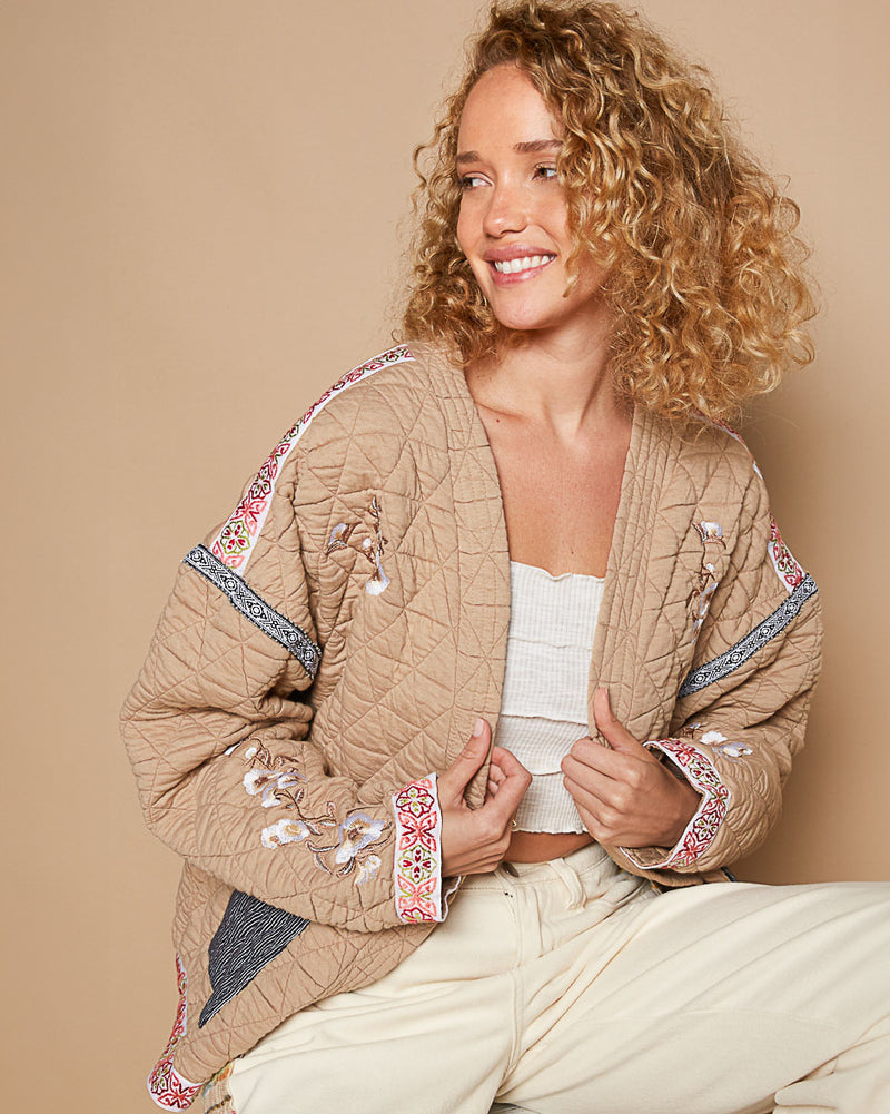 Caramel Quilted Jacket with Embroidery and Ribbon Trim