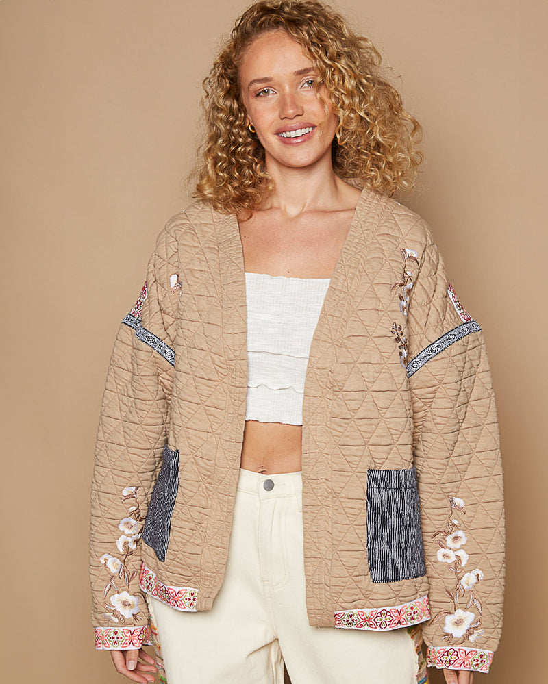 Caramel Quilted Jacket with Embroidery and Ribbon Trim