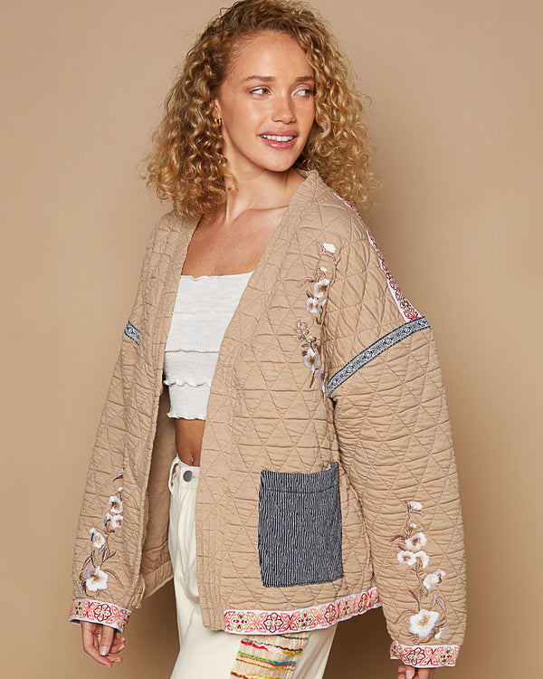 Camel Quilted Jacket with Embroidery and Ribbon Trim