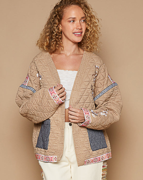 Caramel Quilted Jacket with Embroidery and Ribbon Trim