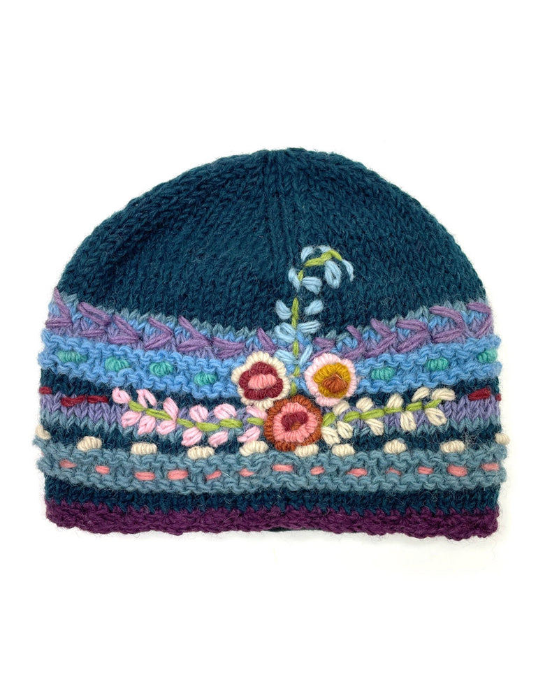 Blue Flower Embroidered Beanie