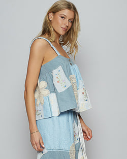 Baby Blue Patched Cotton Peplum Tank