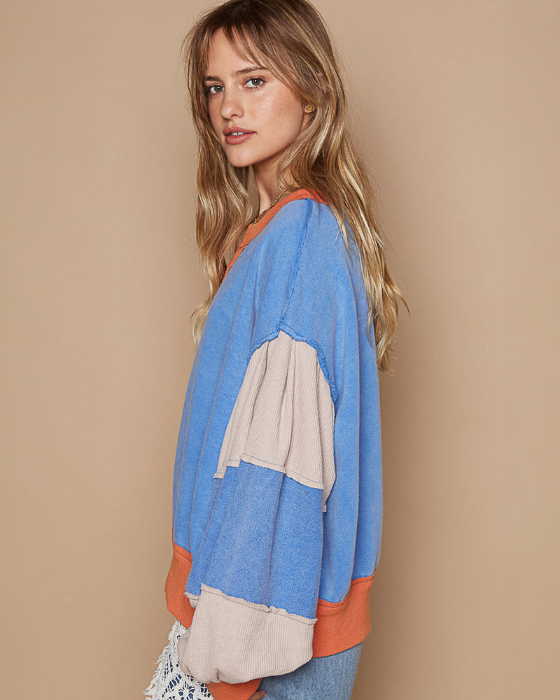 Garment Dyed Color Block Cotton Sweatshirt