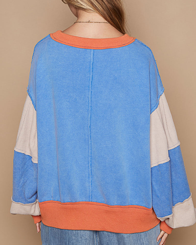 Garment Dyed Color Block Cotton Sweatshirt