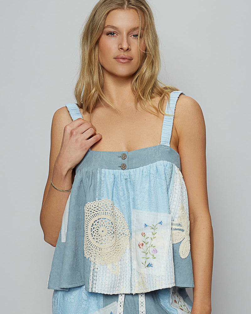 Baby Blue Patched Cotton Peplum Tank