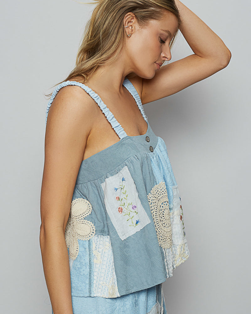 Baby Blue Patched Cotton Peplum Tank