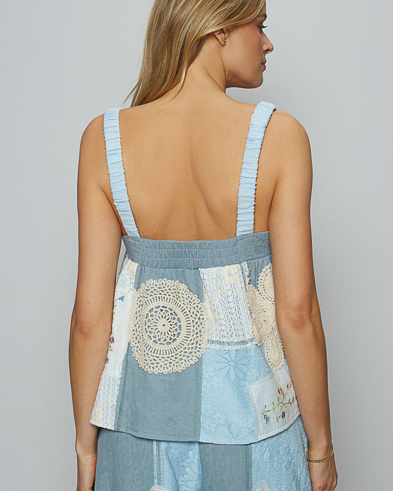 Baby Blue Patched Cotton Peplum Tank