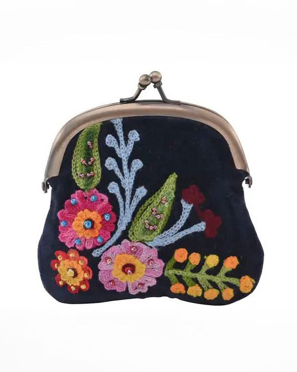 Floral Navy Velvet Old Fashioned Coin Purse