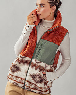 Clay Sherpa Fleece Tribal Print Vest