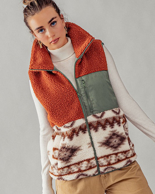 Clay Sherpa Fleece Tribal Print Vest