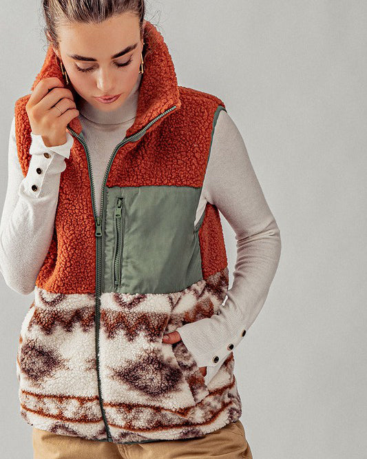 Clay Sherpa Fleece Tribal Print Vest