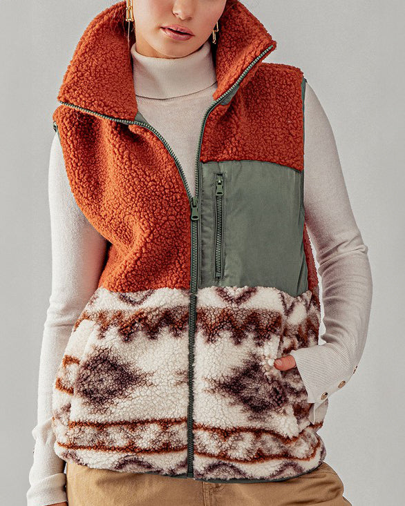 Clay Sherpa Fleece Tribal Print Vest