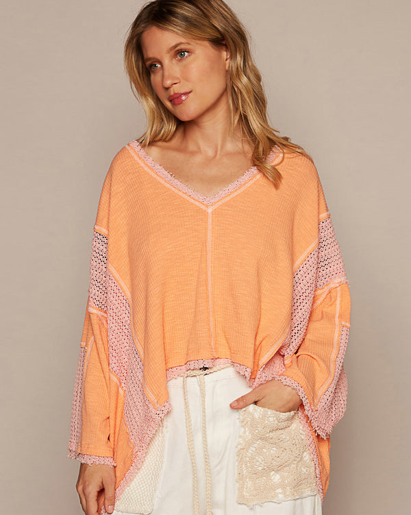 Coral Oversized Mixed Fabric V-Neck