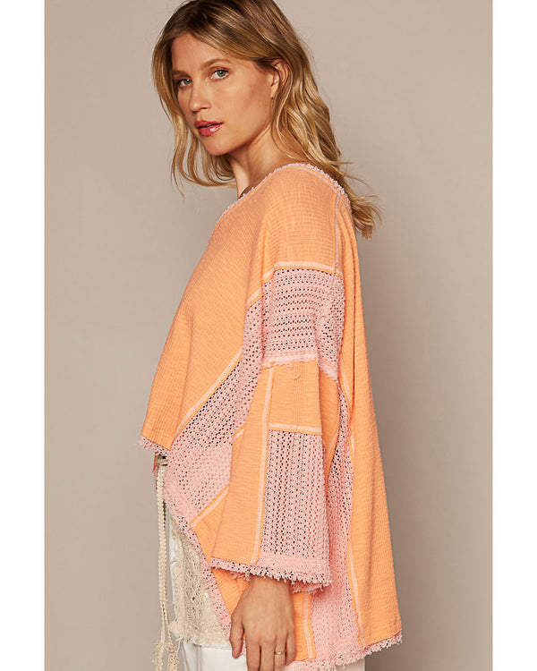 Coral Oversized Mixed Fabric V-Neck