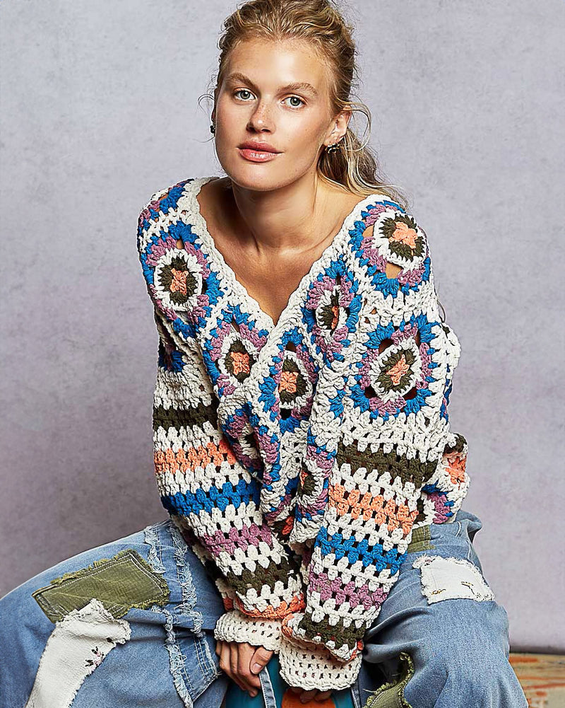 Chunky Chenille Granny Square Sweater