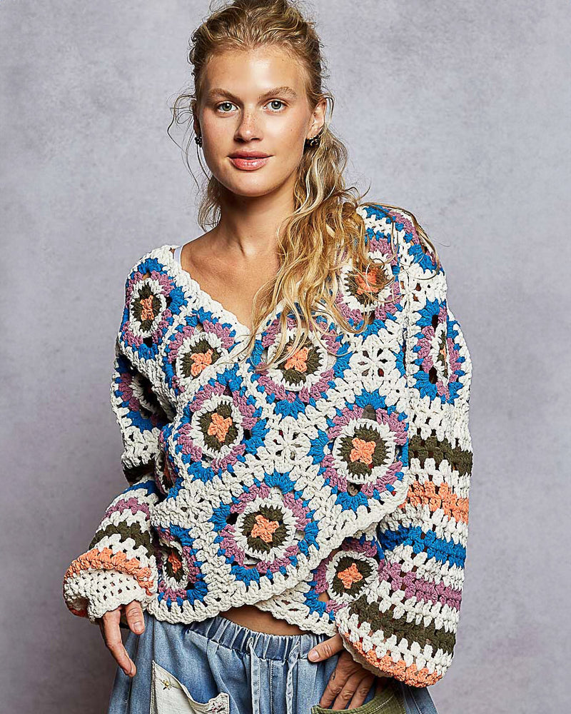Chunky Chenille Granny Square Sweater